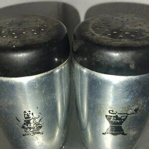Vintage West Bend Aluminum Salt Pepper Shakers Hard Black Plastic Tops USA.